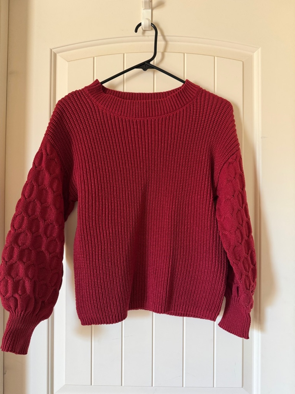 Women's Red Textured Cable-Sleeve Sweater